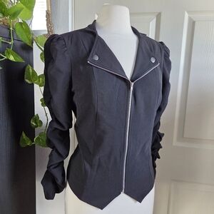Black Moto style Studio JPR zip up jacket ruched sleeves Collar Size M